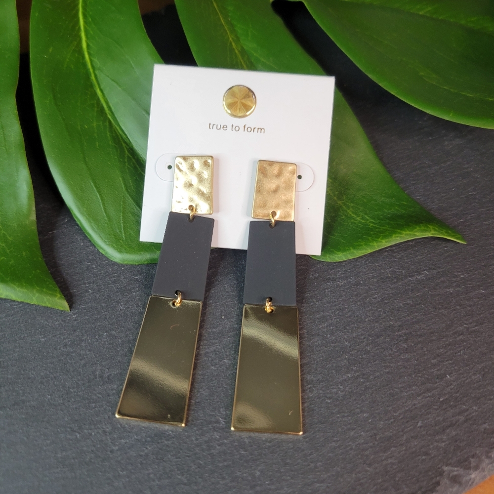 True to Form Two Tone Black & Gold  Rectangle Dangle Drop Earrings